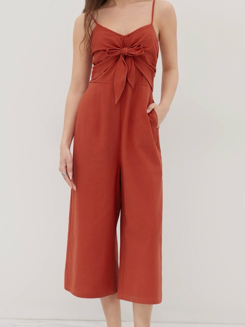 COTTON-BLEND BOWKNOT SHIRRED CROPPED WIDE LEG JUMPSUIT